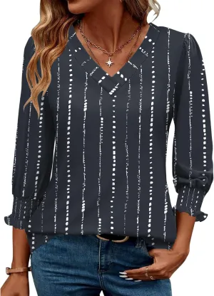 Rapbin 3/4 Length Sleeve Womens Tops Summer Trendy Puff-Sleeve V-Neck Blouses Dressy Casual Textured Smocked T-Shirt