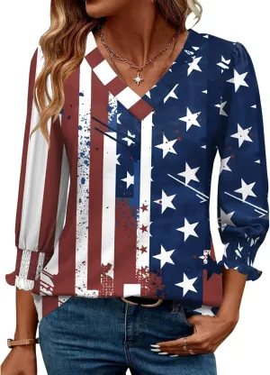 Rapbin 3/4 Length Sleeve Womens Tops Summer Trendy Puff-Sleeve V-Neck Blouses Dressy Casual Textured Smocked T-Shirt
