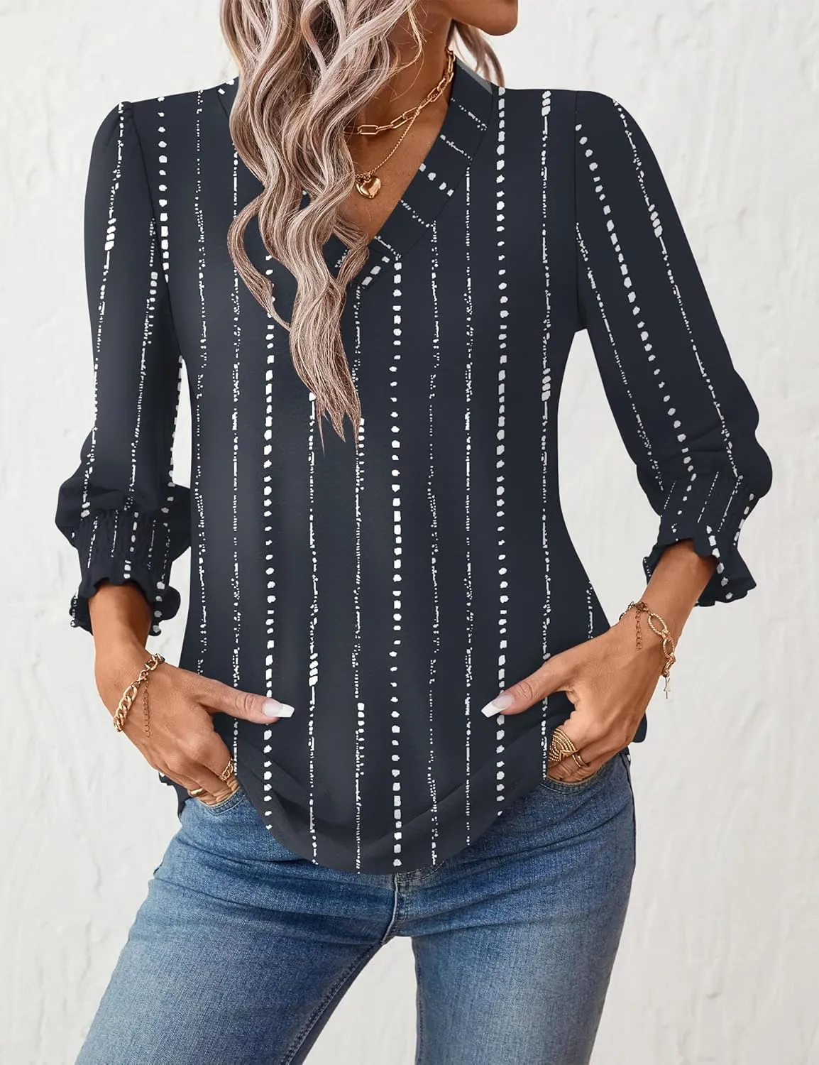 Rapbin 3/4 Length Sleeve Womens Tops Summer Trendy Puff-Sleeve V-Neck Blouses Dressy Casual Textured Smocked T-Shirt
