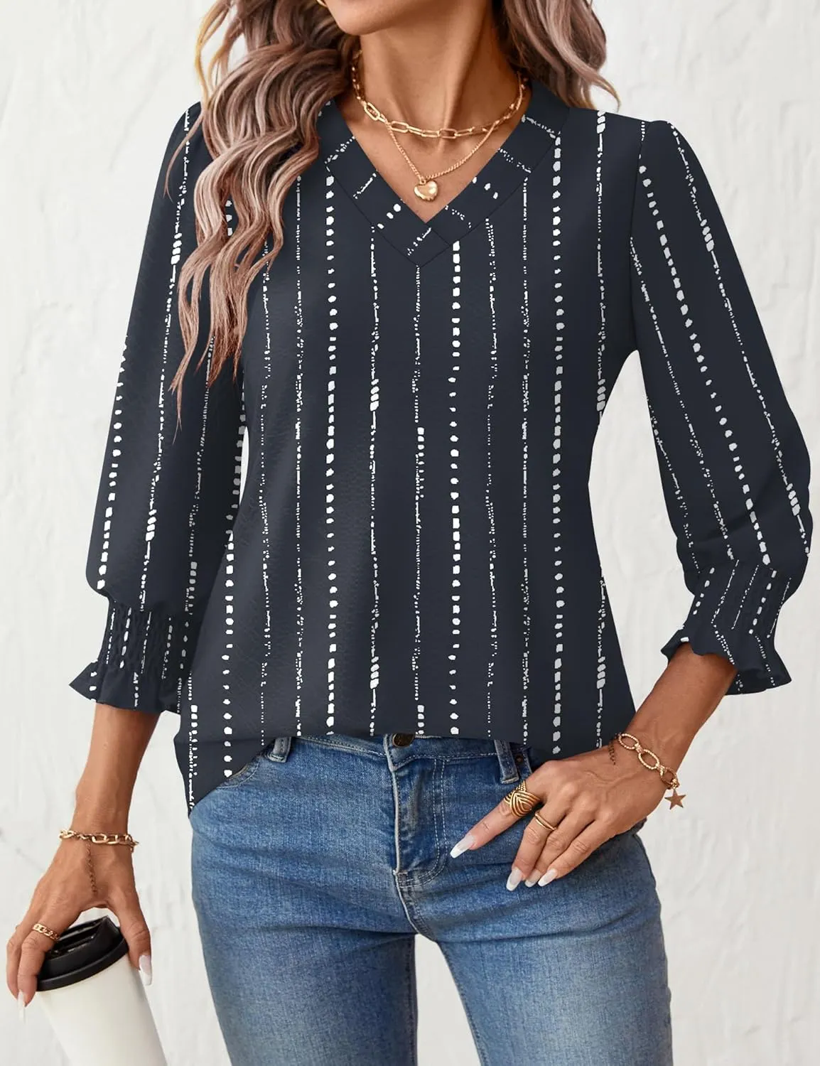 Rapbin 3/4 Length Sleeve Womens Tops Summer Trendy Puff-Sleeve V-Neck Blouses Dressy Casual Textured Smocked T-Shirt