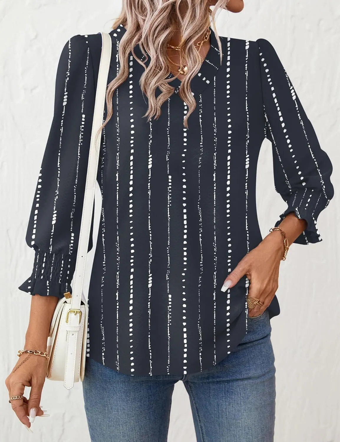 Rapbin 3/4 Length Sleeve Womens Tops Summer Trendy Puff-Sleeve V-Neck Blouses Dressy Casual Textured Smocked T-Shirt