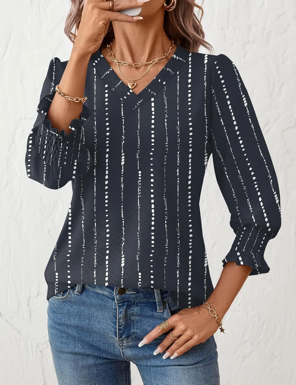 Rapbin 3/4 Length Sleeve Womens Tops Summer Trendy Puff-Sleeve V-Neck Blouses Dressy Casual Textured Smocked T-Shirt