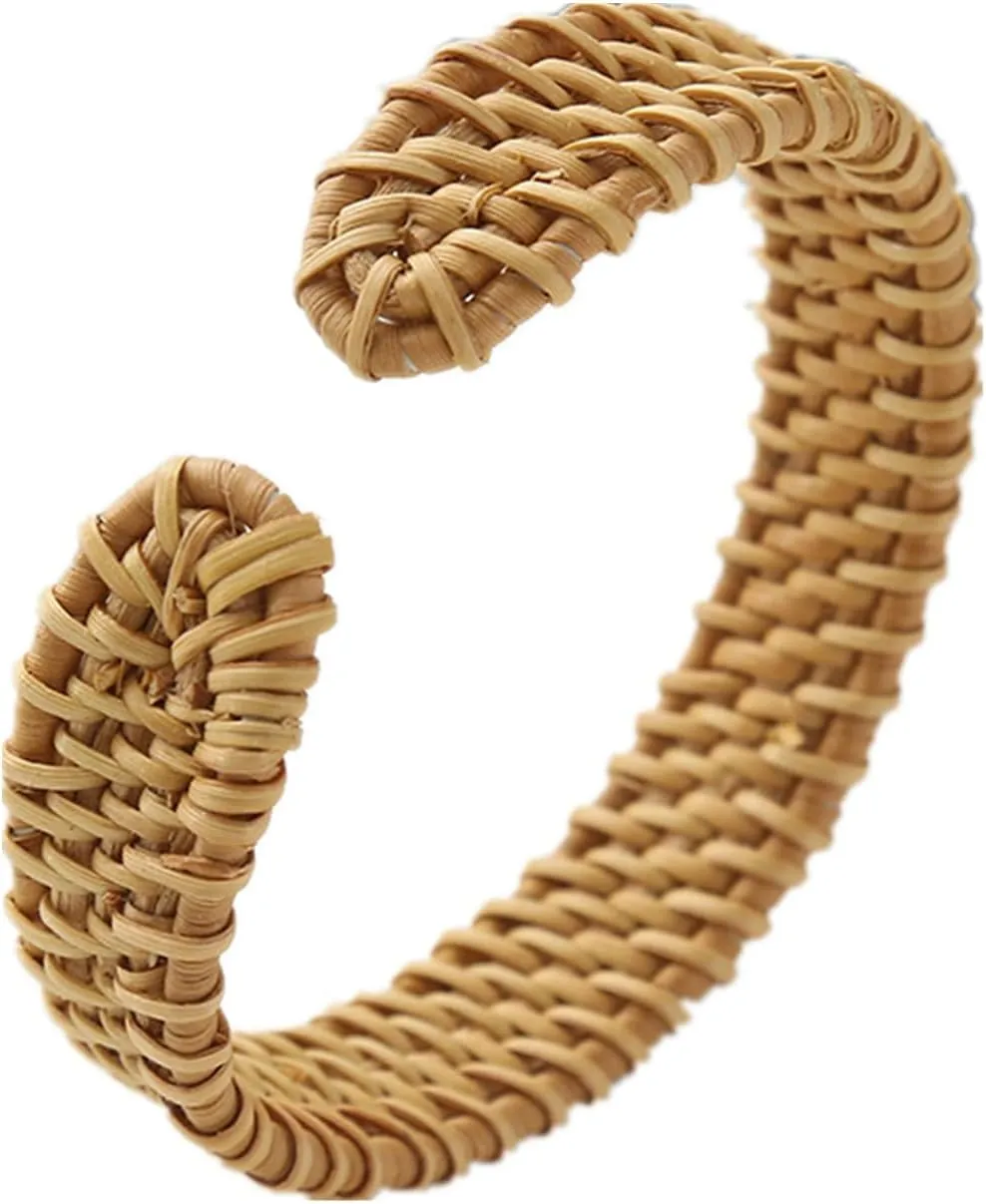 Rattan Bracelet Handmade Lightweight Straw Wicker Braid Cuff Bangle Bracelet Statement Adjustable Bohemian Rattan Woven Chunky Bracelets for Summer Wrist Jewelry