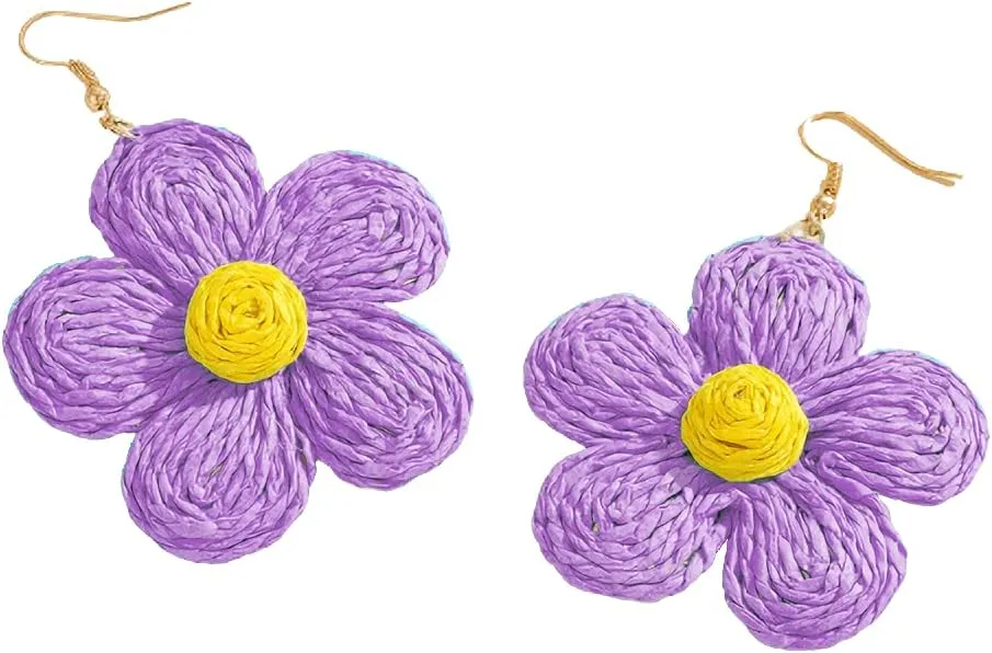 Rattan Earrings Handmade Exaggerated retro rattan big flowers dangle earrings bohemian lightweight straw wicker woven earrings