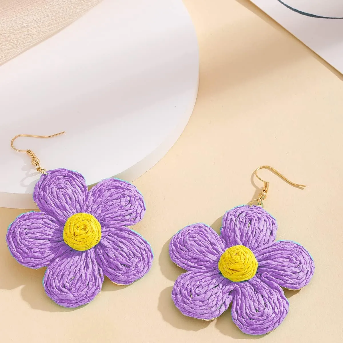 Rattan Earrings Handmade Exaggerated retro rattan big flowers dangle earrings bohemian lightweight straw wicker woven earrings