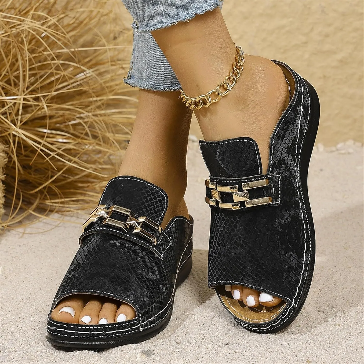 Resort Sandals for Women 2025 Casual Leopard Print Arch Support Low Wedge Sandals Vacation Open Toe Slip On Shoes