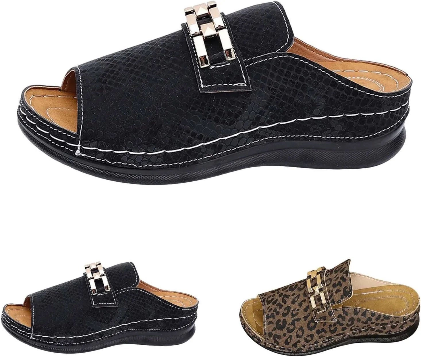 Resort Sandals for Women 2025 Casual Leopard Print Arch Support Low Wedge Sandals Vacation Open Toe Slip On Shoes