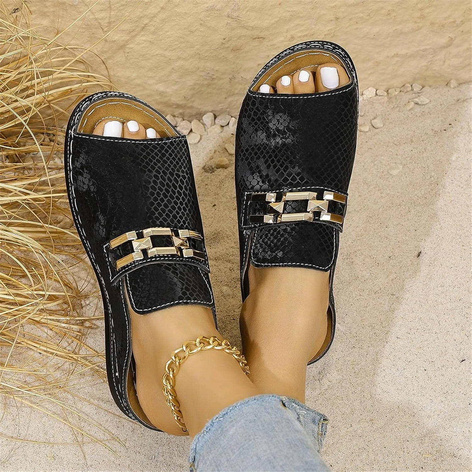 Resort Sandals for Women 2025 Casual Leopard Print Arch Support Low Wedge Sandals Vacation Open Toe Slip On Shoes