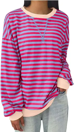 RKSTN Womens Casual Striped Tops Long Sleeve Shirts Crewneck Oversized Sweatshirts 2024 Trendy Fall Clothes