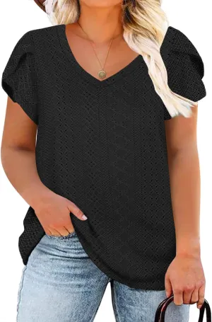 ROSRISS Womens Plus-Size Tops Summer V Neck Eyelet Petal Short Sleeve Shirts