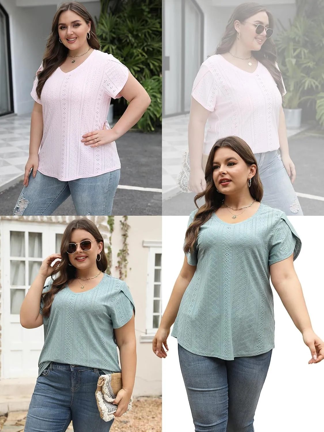 ROSRISS Womens Plus-Size Tops Summer V Neck Eyelet Petal Short Sleeve Shirts