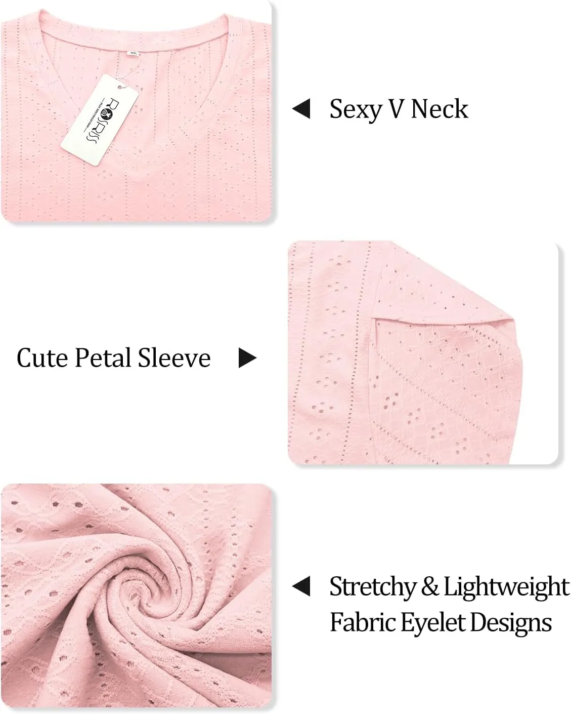 ROSRISS Womens Plus-Size Tops Summer V Neck Eyelet Petal Short Sleeve Shirts