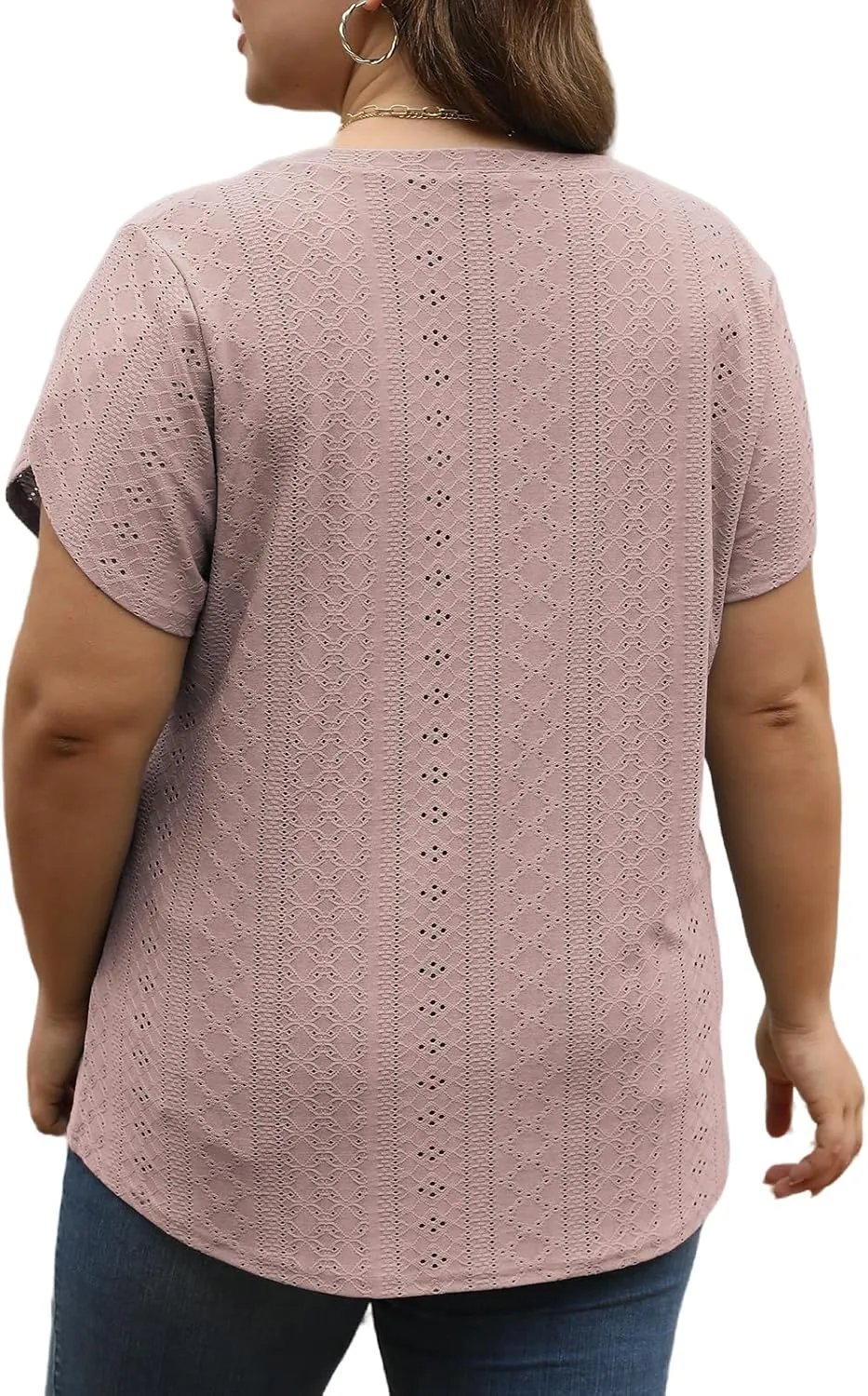 ROSRISS Womens Plus-Size Tops Summer V Neck Eyelet Petal Short Sleeve Shirts