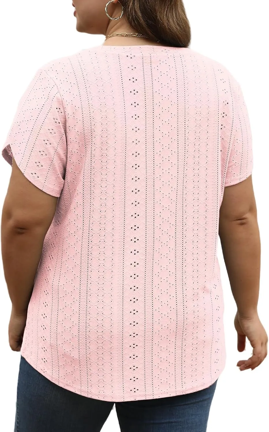 ROSRISS Womens Plus-Size Tops Summer V Neck Eyelet Petal Short Sleeve Shirts