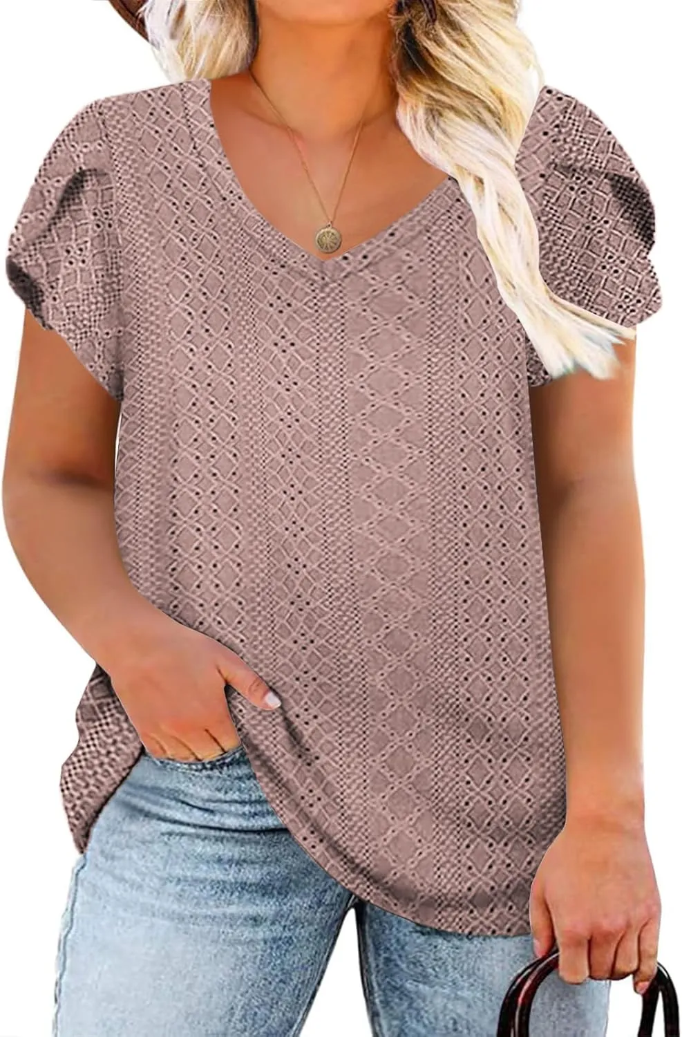 ROSRISS Womens Plus-Size Tops Summer V Neck Eyelet Petal Short Sleeve Shirts