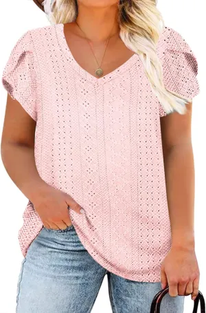 ROSRISS Womens Plus-Size Tops Summer V Neck Eyelet Petal Short Sleeve Shirts