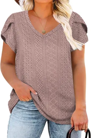 ROSRISS Womens Plus-Size Tops Summer V Neck Eyelet Petal Short Sleeve Shirts