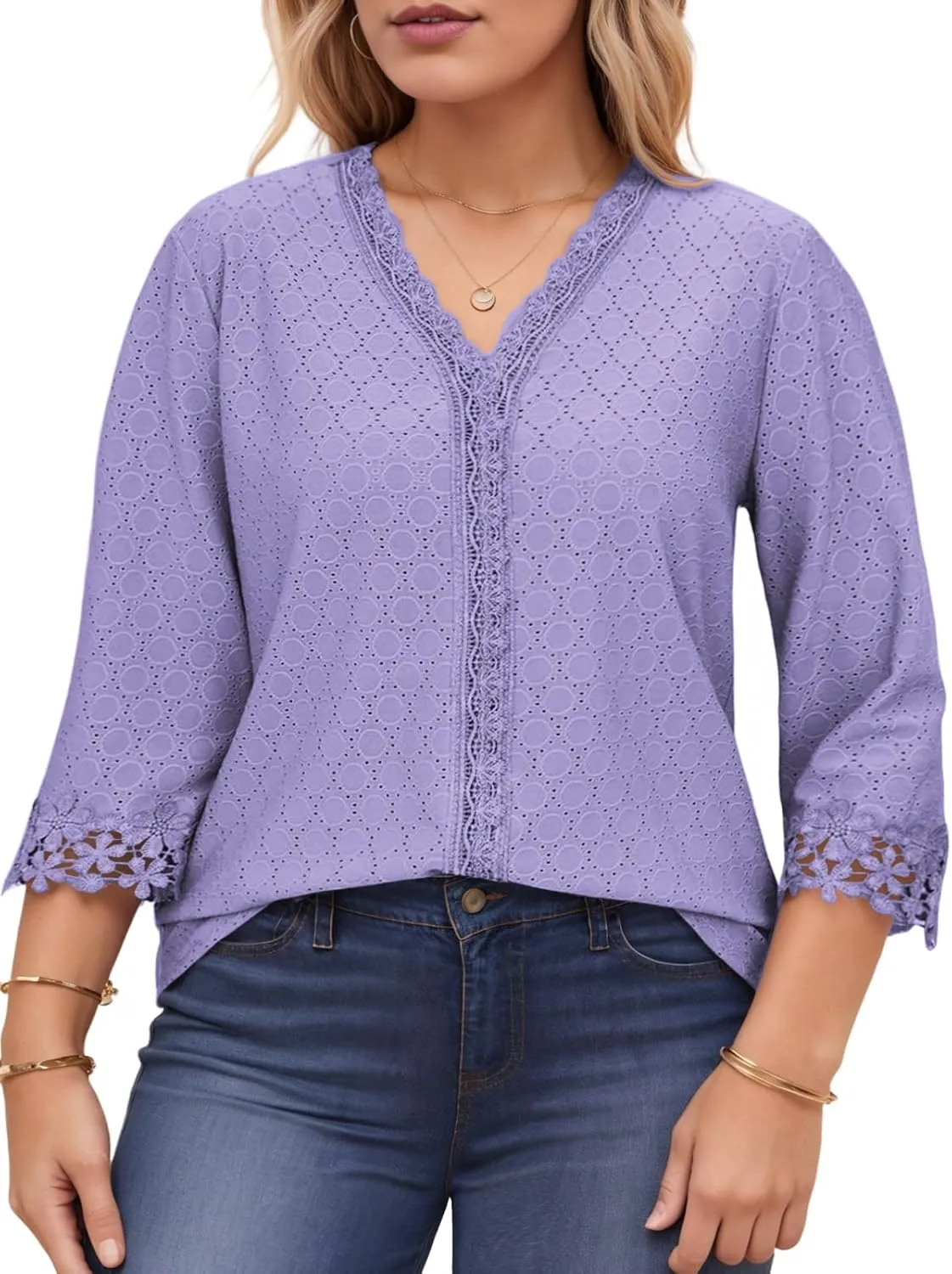 ROSRISS Womens-Tops-Plus-Size Dressy Lace Trim V Neck 3/4 Length Sleeve Shirts Trendy Dot Eyelet Blouses Casual Loose Tunics