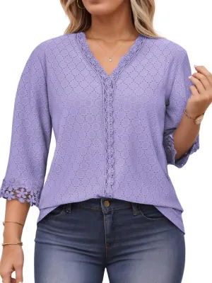 ROSRISS Womens-Tops-Plus-Size Dressy Lace Trim V Neck 3/4 Length Sleeve Shirts Trendy Dot Eyelet Blouses Casual Loose Tunics