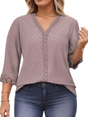 ROSRISS Womens-Tops-Plus-Size Dressy Lace Trim V Neck 3/4 Length Sleeve Shirts Trendy Dot Eyelet Blouses Casual Loose Tunics