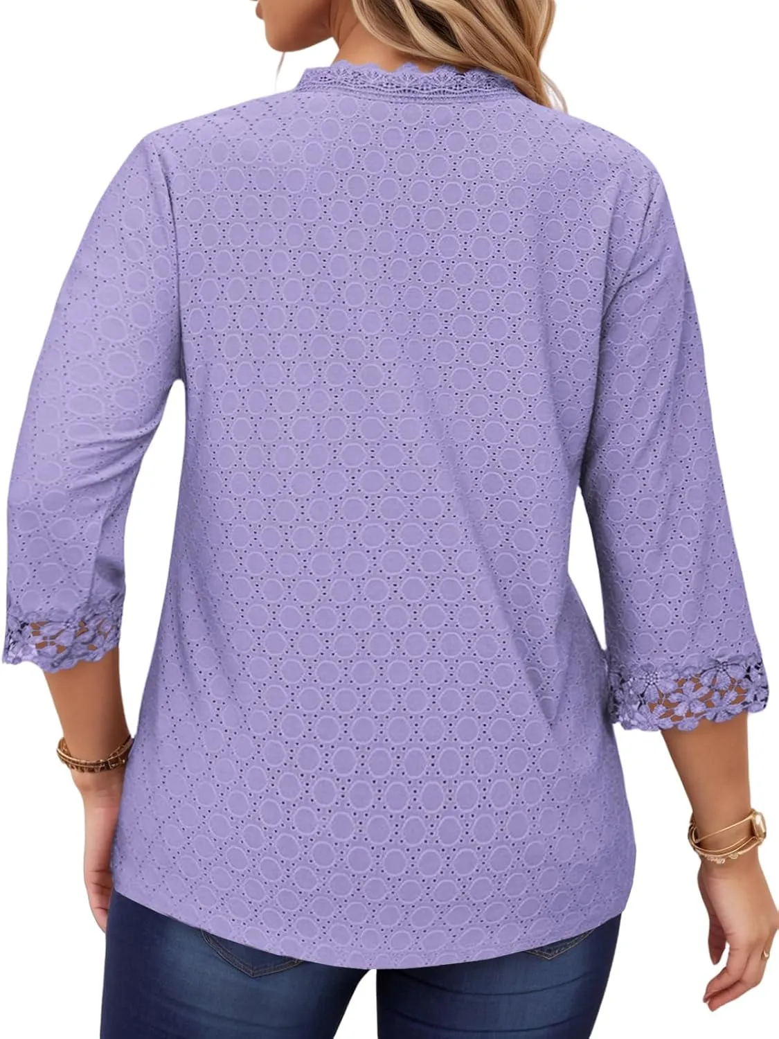 ROSRISS Womens-Tops-Plus-Size Dressy Lace Trim V Neck 3/4 Length Sleeve Shirts Trendy Dot Eyelet Blouses Casual Loose Tunics