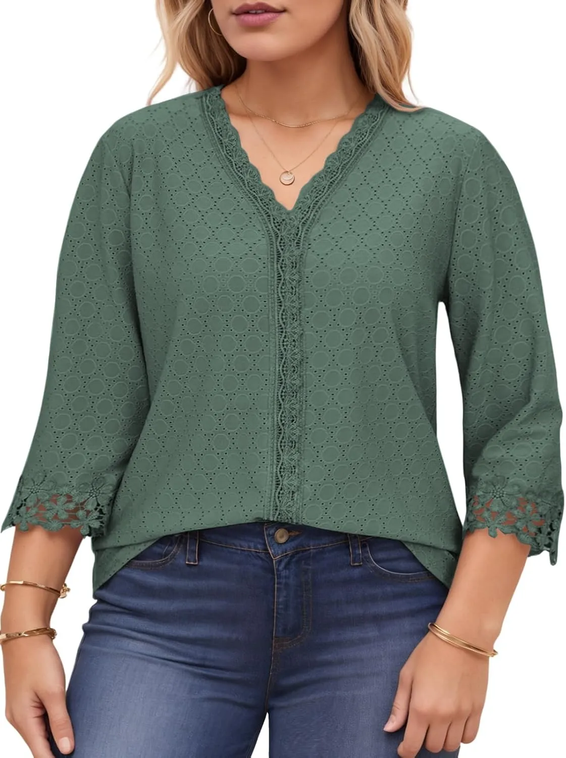 ROSRISS Womens-Tops-Plus-Size Dressy Lace Trim V Neck 3/4 Length Sleeve Shirts Trendy Dot Eyelet Blouses Casual Loose Tunics