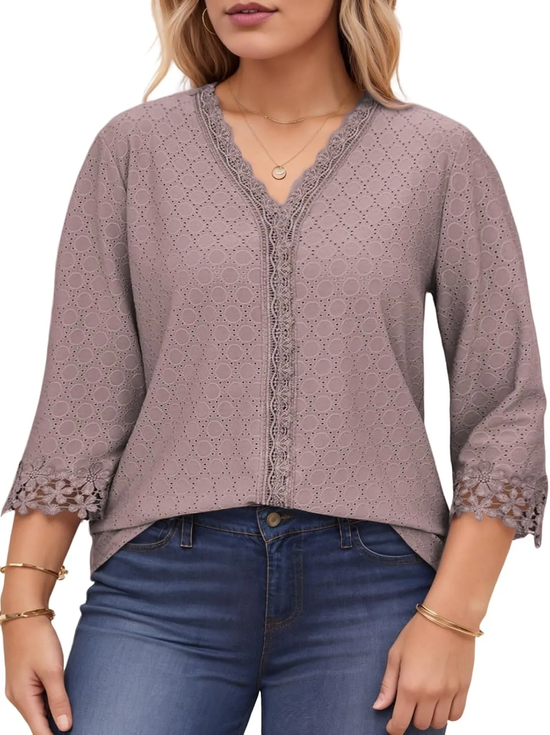 ROSRISS Womens-Tops-Plus-Size Dressy Lace Trim V Neck 3/4 Length Sleeve Shirts Trendy Dot Eyelet Blouses Casual Loose Tunics