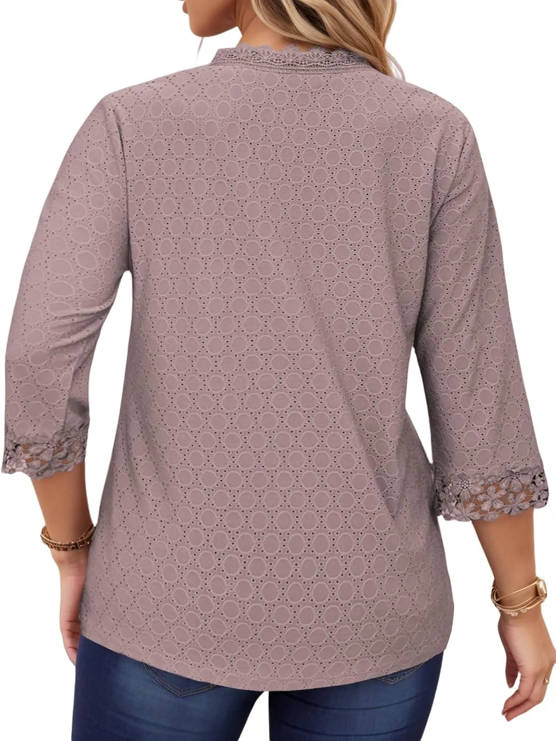 ROSRISS Womens-Tops-Plus-Size Dressy Lace Trim V Neck 3/4 Length Sleeve Shirts Trendy Dot Eyelet Blouses Casual Loose Tunics