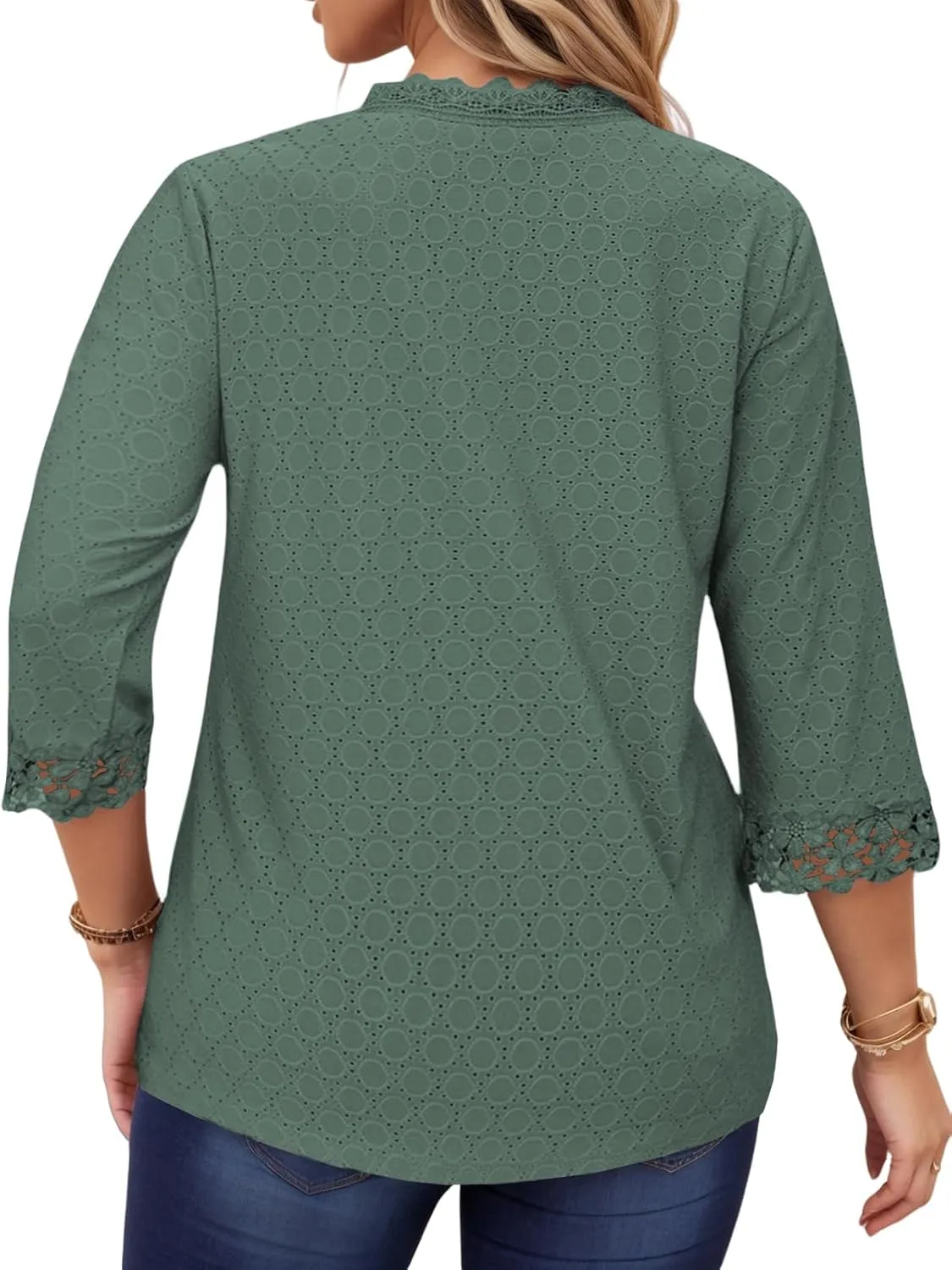 ROSRISS Womens-Tops-Plus-Size Dressy Lace Trim V Neck 3/4 Length Sleeve Shirts Trendy Dot Eyelet Blouses Casual Loose Tunics