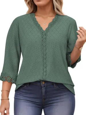 ROSRISS Womens-Tops-Plus-Size Dressy Lace Trim V Neck 3/4 Length Sleeve Shirts Trendy Dot Eyelet Blouses Casual Loose Tunics