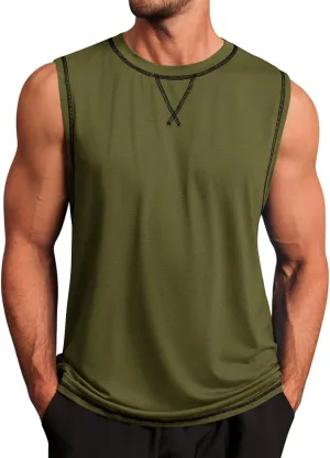 Runcati Mens Workout Tank Tops Sleeveless Casual Crewneck Beach T Shirt Muscle Athletic Gym Running Tee