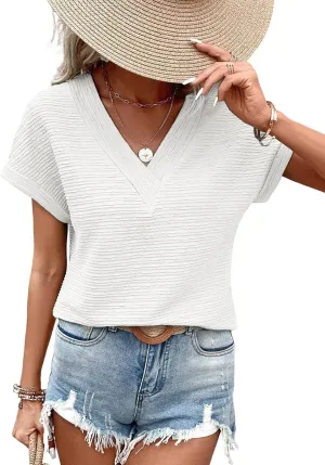Samefar Womens Tops Dressy Casual V Neck Short Cap Sleeve Shirts Rib Texture Loose Blouses Tee Cute Clothes Trendy
