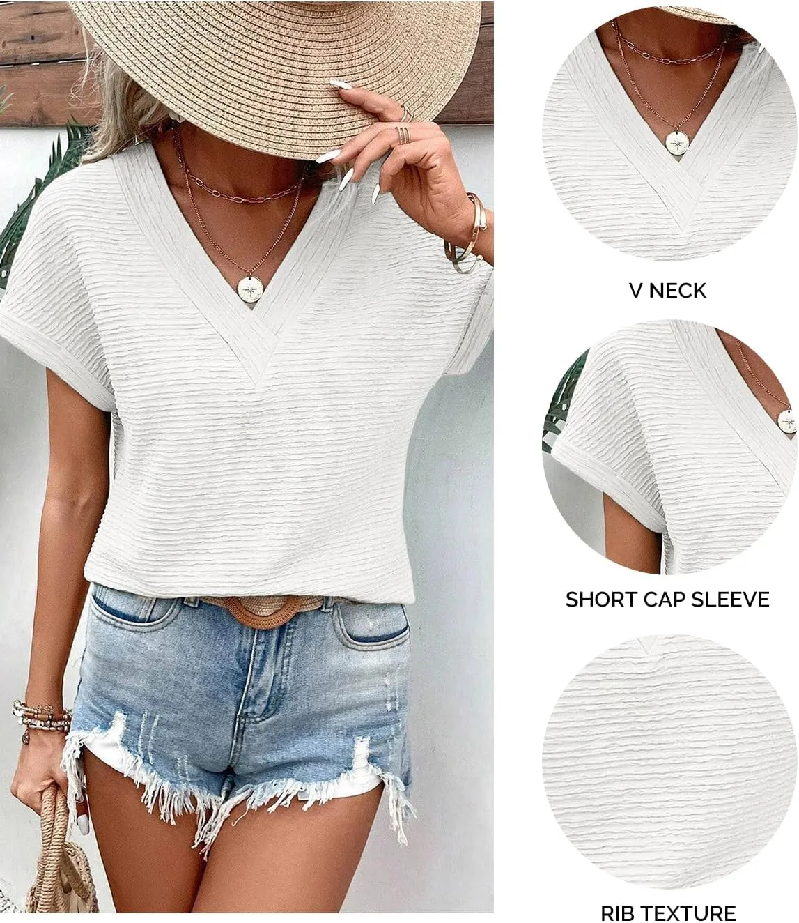 Samefar Womens Tops Dressy Casual V Neck Short Cap Sleeve Shirts Rib Texture Loose Blouses Tee Cute Clothes Trendy