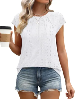 SAMPEEL Womens T Shirts Short Sleeve Pleated Dressy Casual Cap Sleeve Summer Tops Blouses