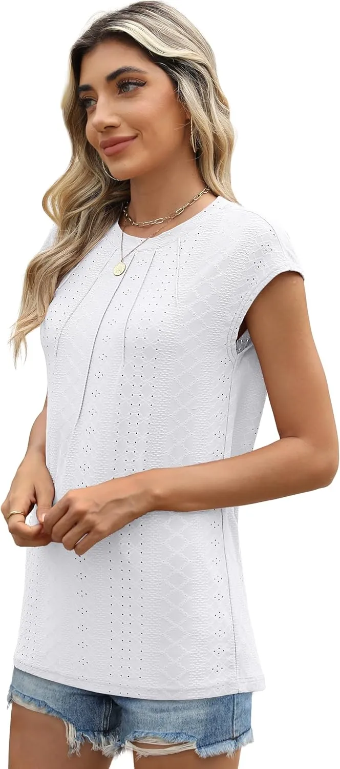 SAMPEEL Womens T Shirts Short Sleeve Pleated Dressy Casual Cap Sleeve Summer Tops Blouses