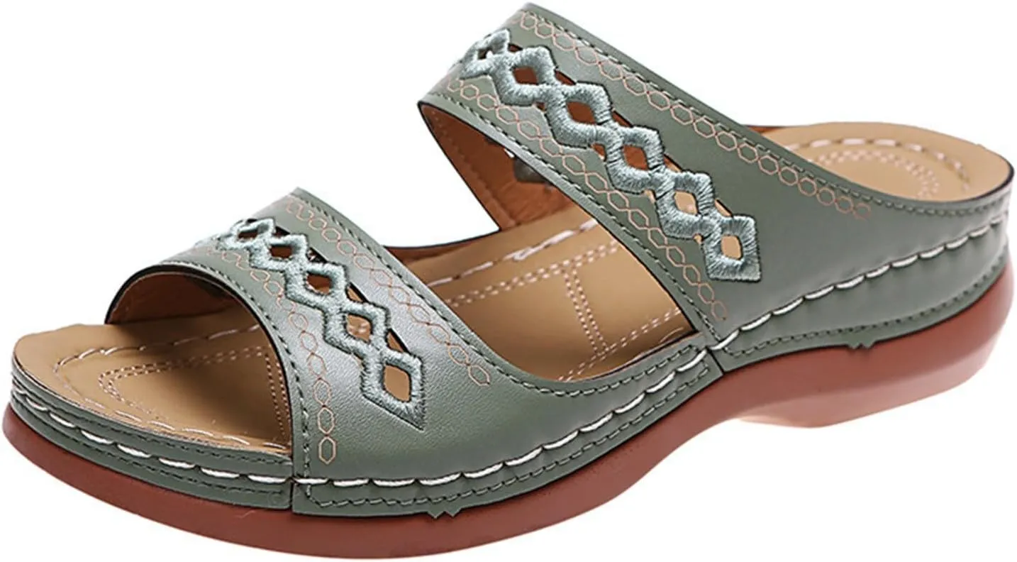 Sandals for Women 2025 Wide Width Comfortable Arch Support Orthopedic Slip On Sandals Orthotic Embroidered Slippers