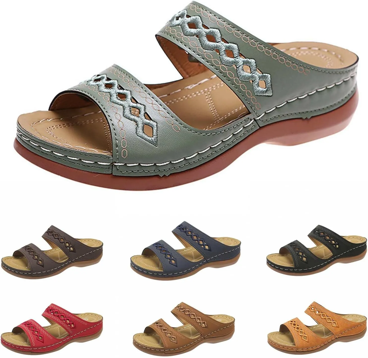 Sandals for Women 2025 Wide Width Comfortable Arch Support Orthopedic Slip On Sandals Orthotic Embroidered Slippers
