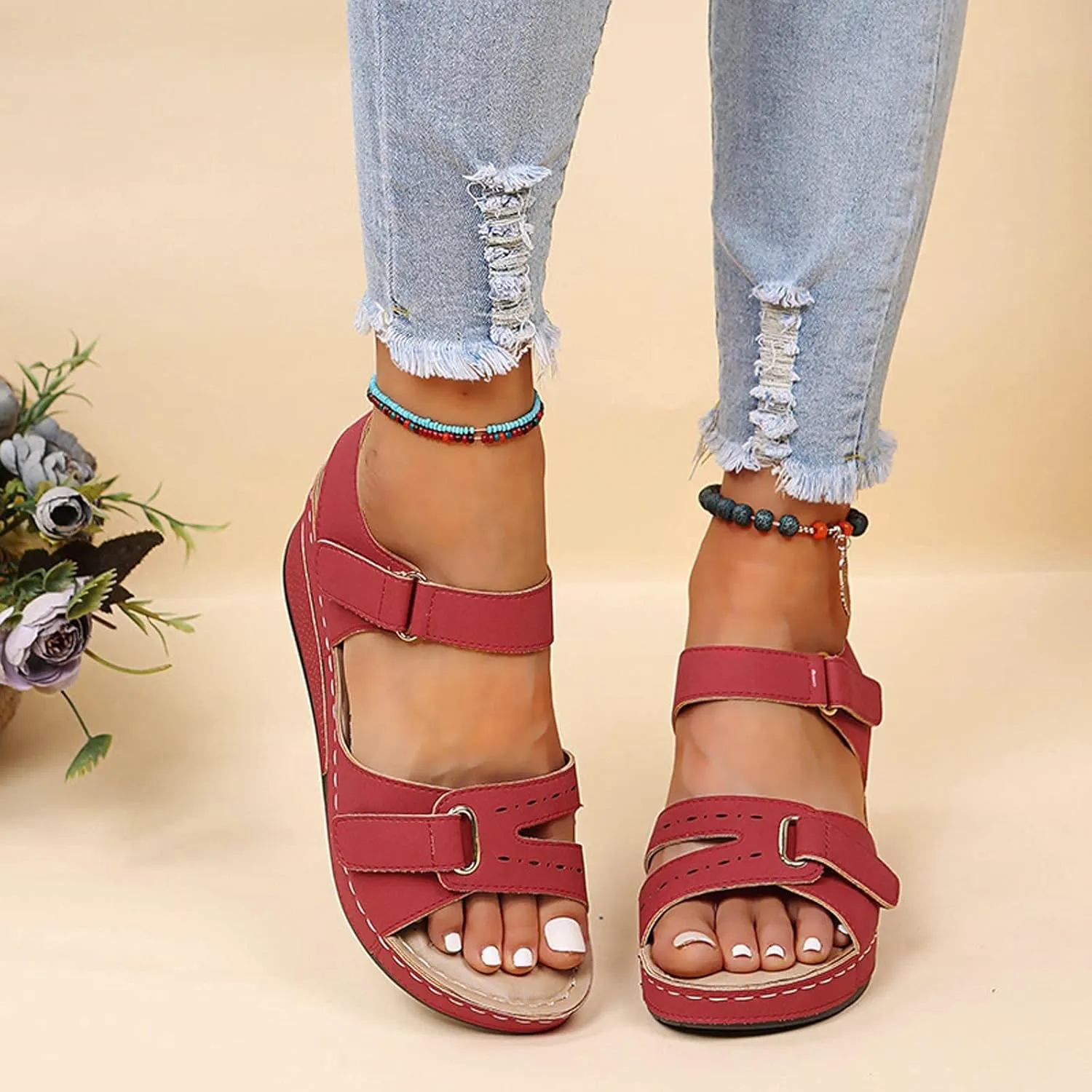 Sandals for women, Orthopedic Shoes for Women Plantar Fasciitis, Comfort Wedge Sandals, Open Toe Ankle Strap Sandals, Summer Wide Fit Cushion Walk Sandals with Arch Support