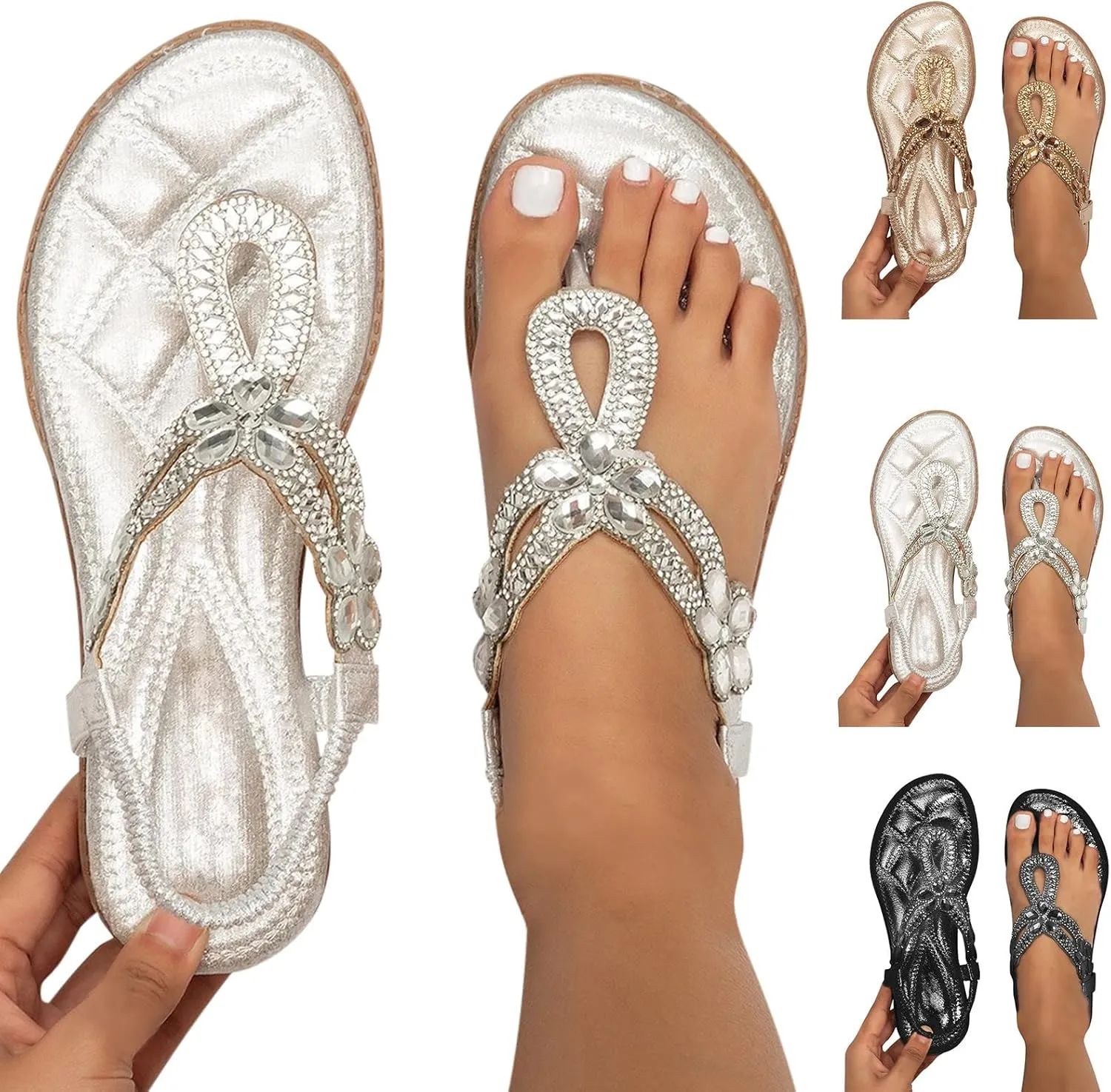 Sandals for Women Rhinestone Boho Sandals T-Strap Beaded Flower Flat Sandal Dress Beach Flip Flops Vacation Shoes