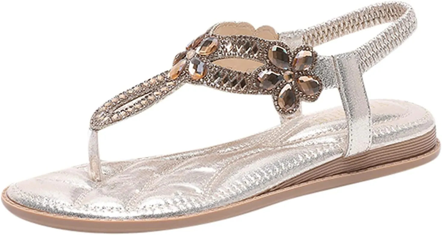Sandals for Women Rhinestone Boho Sandals T-Strap Beaded Flower Flat Sandal Dress Beach Flip Flops Vacation Shoes