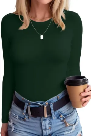 SANDERY Womens Round Neck Long/Short Sleeve Shirts Ribbed Casual Slim Fitted Tops Blouses