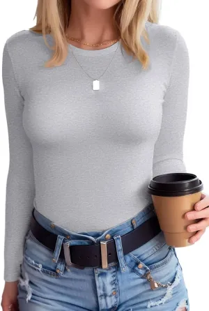 SANDERY Womens Round Neck Long/Short Sleeve Shirts Ribbed Casual Slim Fitted Tops Blouses