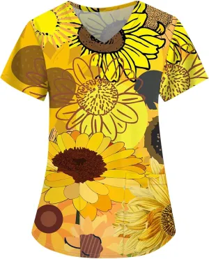 Scrubs for Women Short Sleeve V Neck Print Tops Nursing Working Uniform T-Shirts Casual Caregiver Top