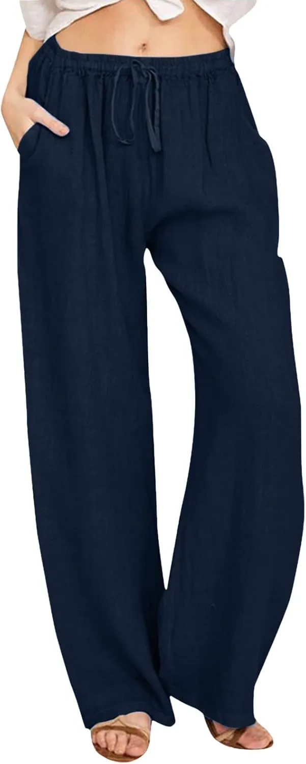 sdbrld Linen Pants Women Summer Trendy Casual High Waist Trousers Drawstring Loose Fit Lightweight Long Palazzo Gauze Pants
