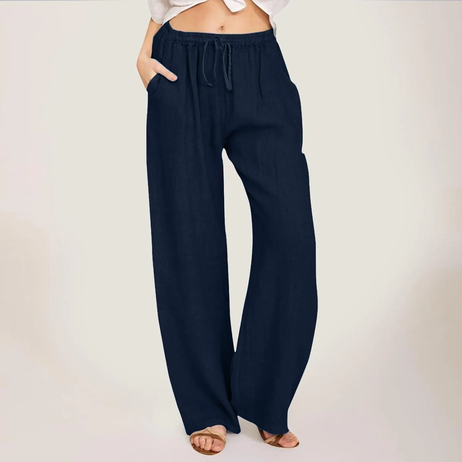 sdbrld Linen Pants Women Summer Trendy Casual High Waist Trousers Drawstring Loose Fit Lightweight Long Palazzo Gauze Pants