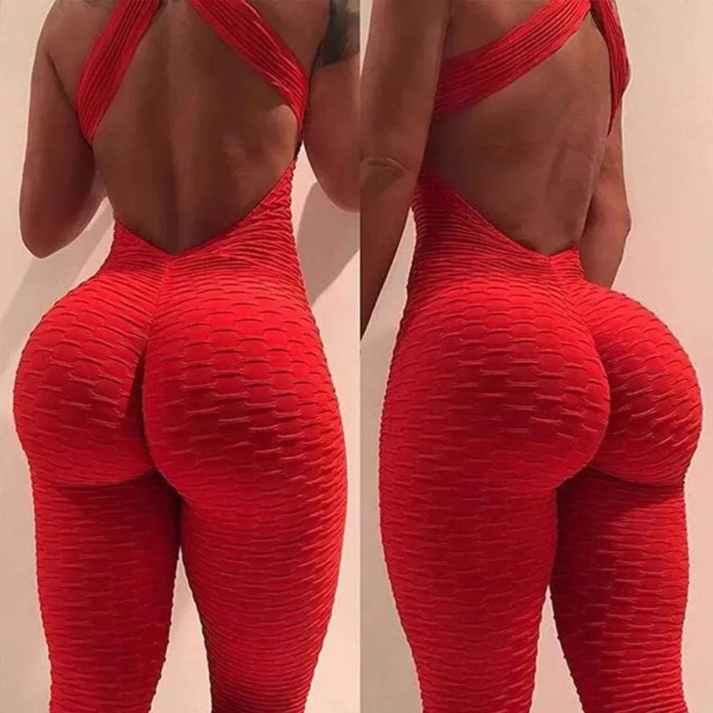 SEASUM Women Texture Bodysuit Sleevesless Sport One-Piece Backless Sexy Slimming Bodycon Rompers Jumpsuit M