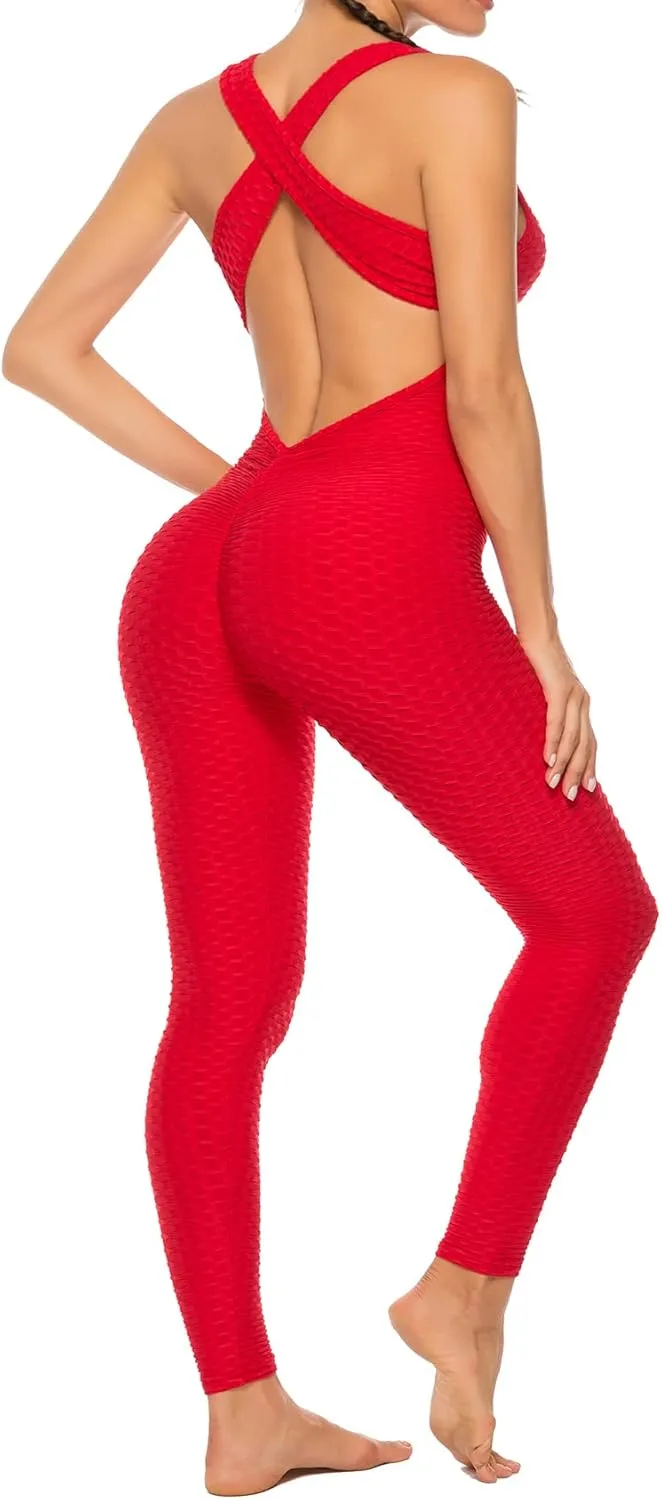 SEASUM Women Texture Bodysuit Sleevesless Sport One-Piece Backless Sexy Slimming Bodycon Rompers Jumpsuit M
