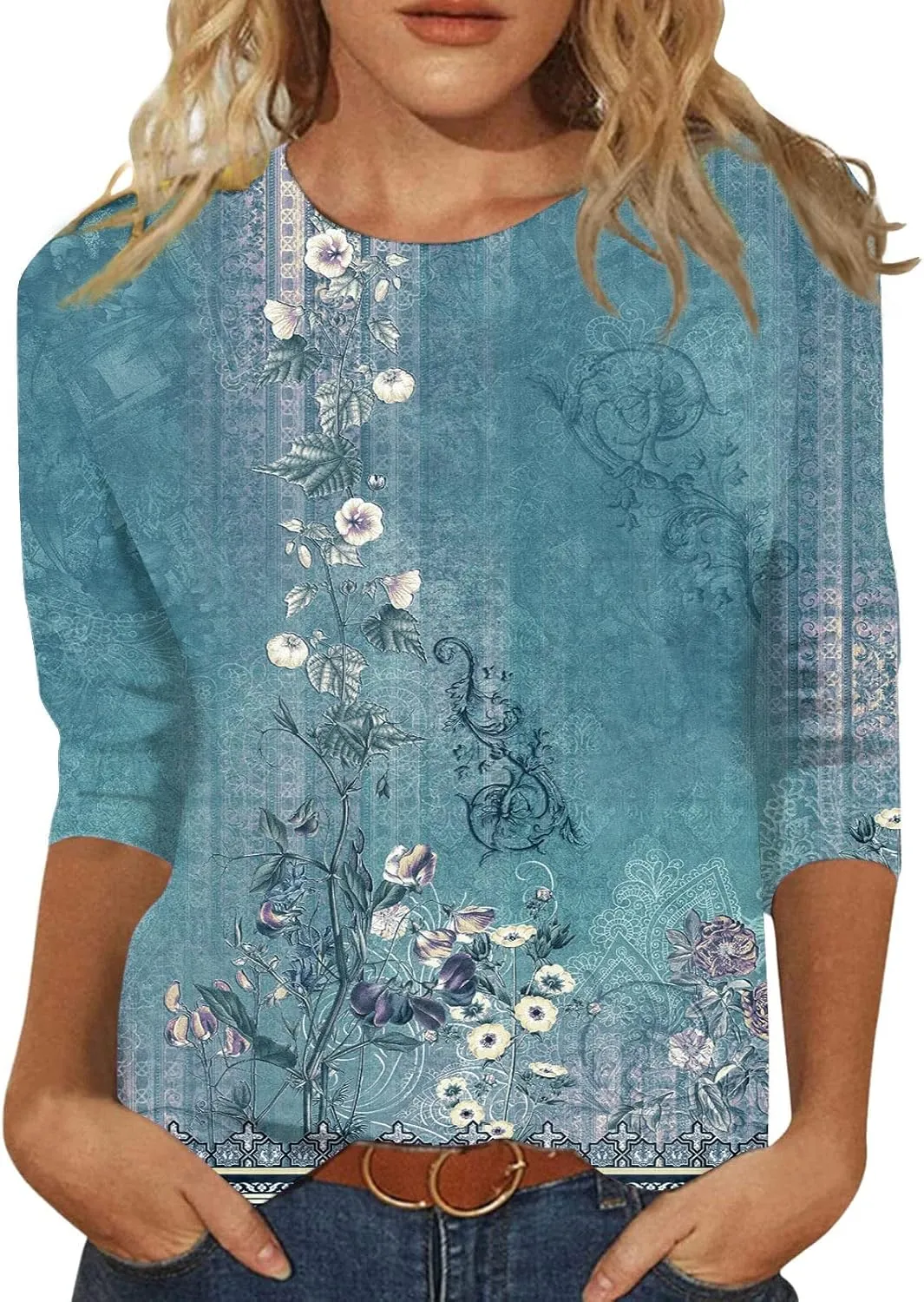 Segaven 3/4 Length Sleeve Womens Tops Trendy Solid Color Crewneck T Shirts Summer Basic Tunic Tees Casual Dressy Blouses