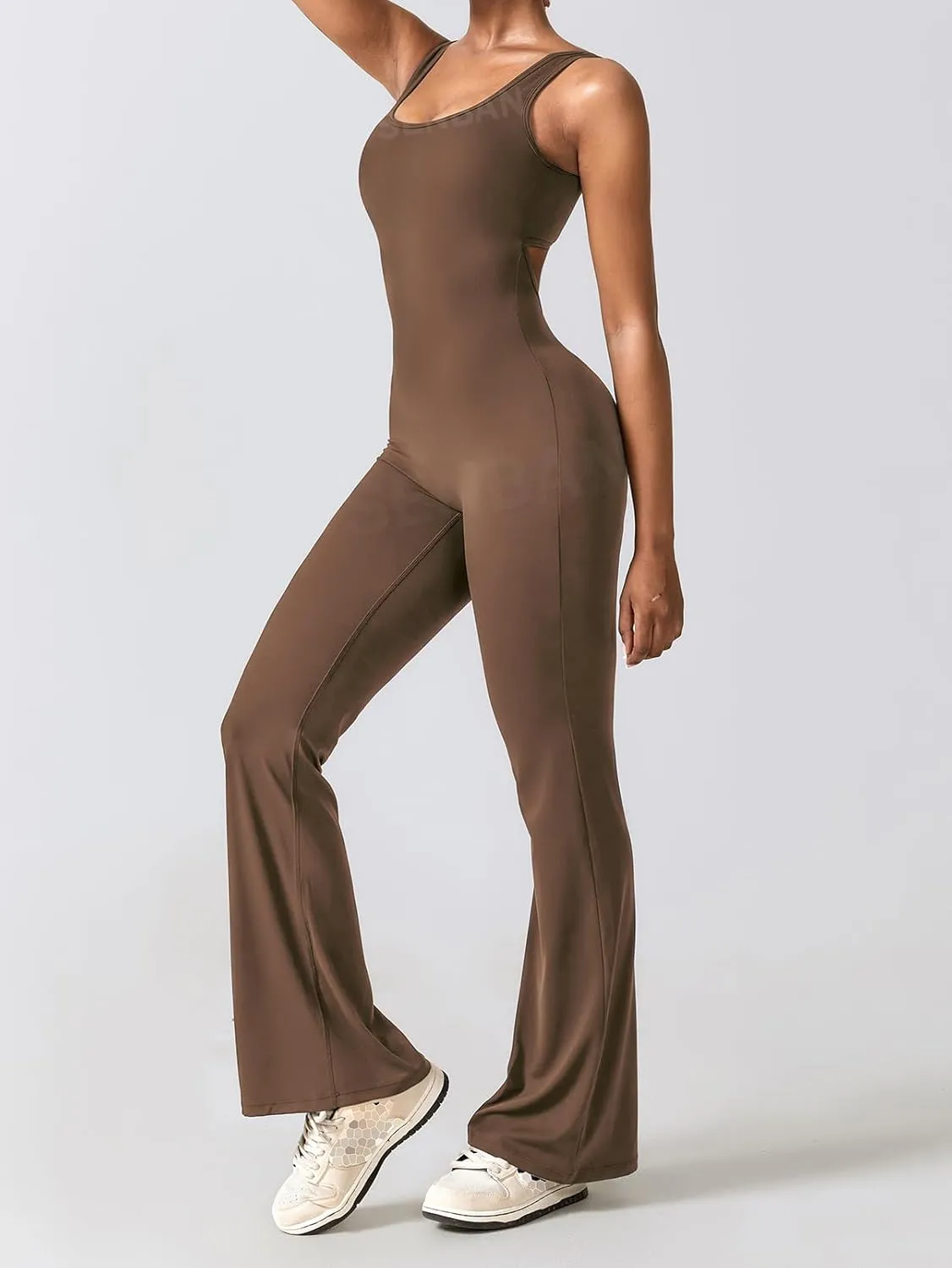 SENBAN Women Sleeveless Flare Jumpsuits Sexy Padded Backless Bodycon Rompers V Back Scrunch Butt Yoga Unitard Playsuit