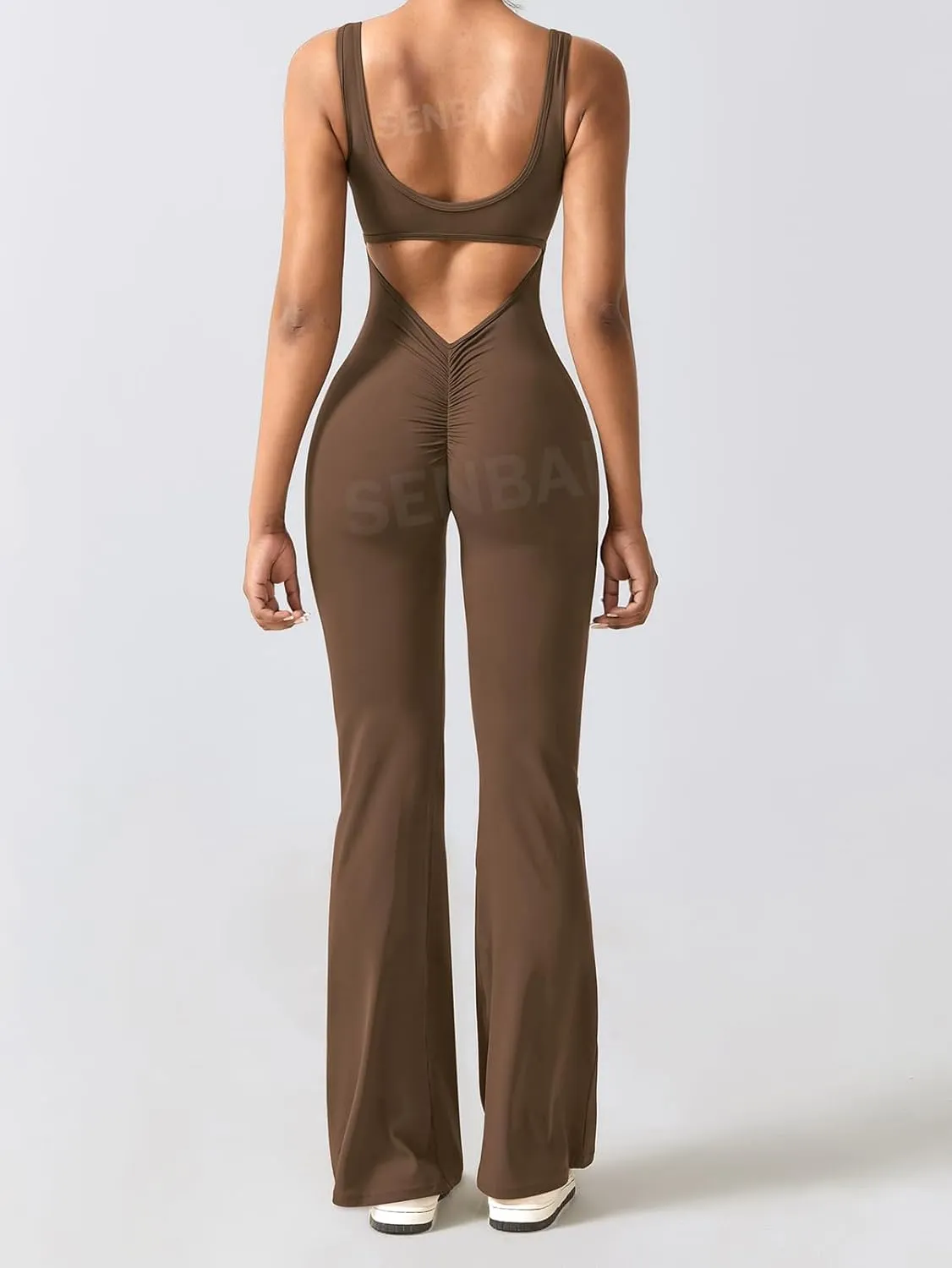 SENBAN Women Sleeveless Flare Jumpsuits Sexy Padded Backless Bodycon Rompers V Back Scrunch Butt Yoga Unitard Playsuit